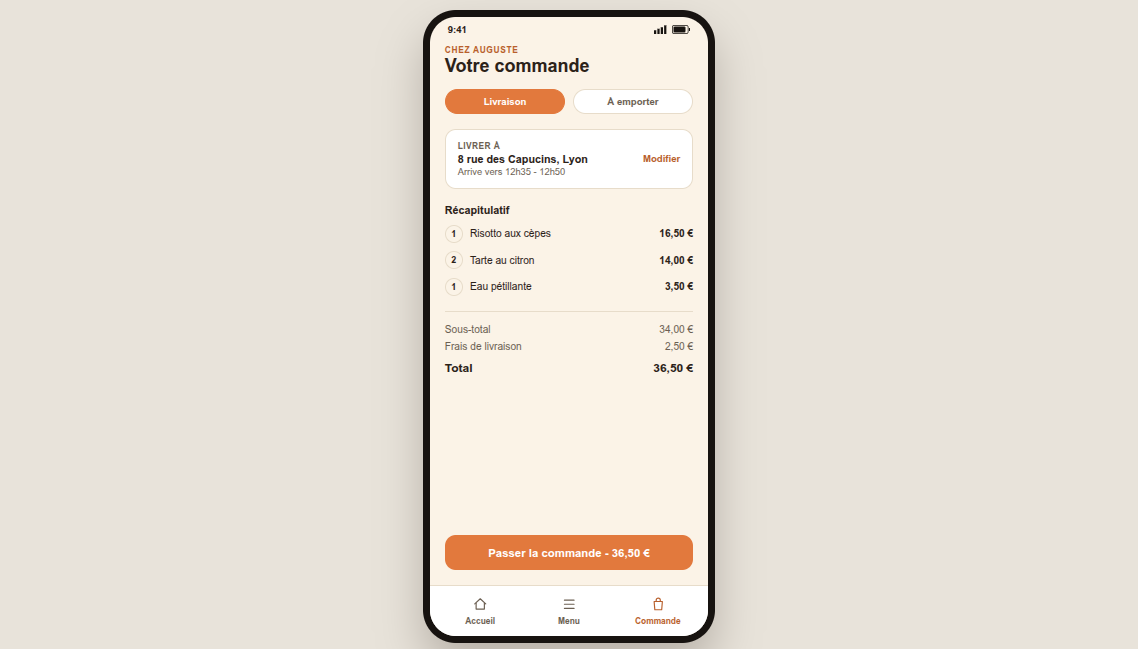 Écran de commande de l'appli Chez Auguste, récapitulatif et total
